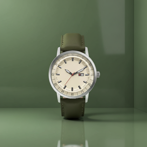 Montre chronographe pour homme en cuir vert avec mouvement à quartz, résistance à l'eau 10m, cadran en verre, boîtier argenté, bracelet <span class=keywords><strong>beige</strong></span> 22mm - Product Image 1