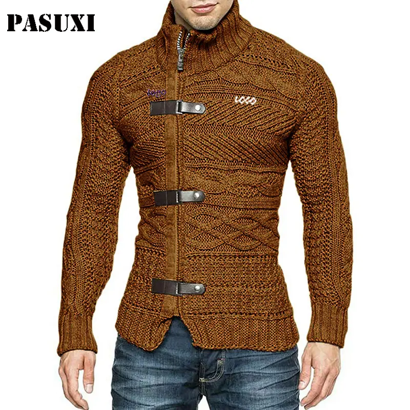 PASUXI özel Logo örme kazak triko boyun düğmesi tasarımcı deri toka hırka kazak erkekler için