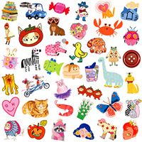 50 autocollants animaux mignons peints à la main, illustrés de dessins abstraits colorés
