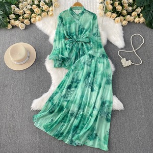 Conjunto de 2 Piezas de Moda: Camisa Elegante con Estampado Estilo Chino, Cuello Mao y Manga Farol, Top y Falda que Define la Cintura para Mujer - Product Image 5