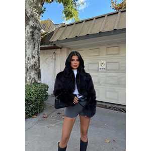 Long <b>Black</b> Faux Fur <b>Overcoat</b> with Vintage Print Decoration Dyed Woolen Fabric Silk Shell Slim Type Filled with Camel Cotton - Product Image 6