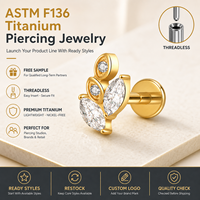 JiaXin ASTM-F136 G23 Titanio Push Pin Sin Rosca para Labret, Medusa, Forward Helix, Lobe, Flor, Circonita Cúbica, Joyería Corporal 16G