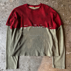 T-shirts à manches longues double couche en coton gaufré, coupe délavée, ourlet brut, effet vieilli, pour hommes - Product Image 1