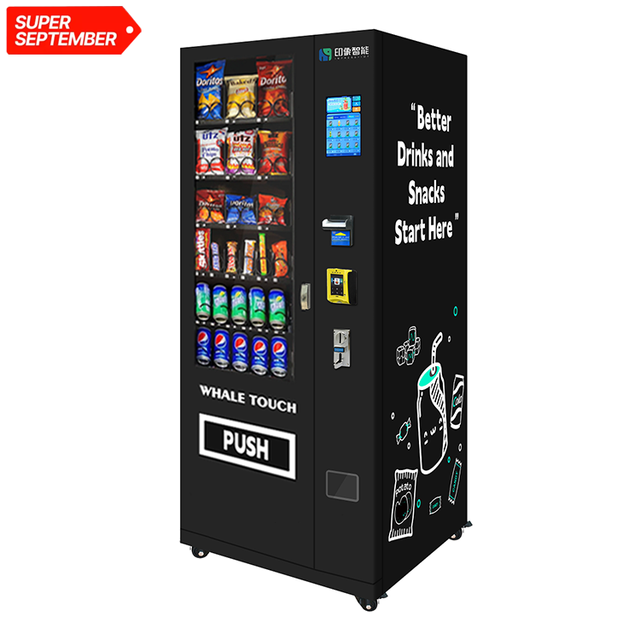 Super September WHALE TOUCH Vending Machine for Drinks and Snack Vending Machines Card/ Bill/ Coin Operate 36 Slots 7inch Screen