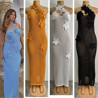 Robe longue maxi en tricot unie, style empire, sexy et décontractée, pour femme mature, élégante, à col halter, pour la plage, en crochet, collection été