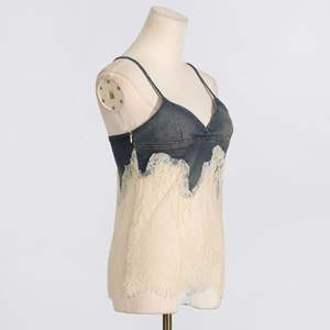 Top estivo in pizzo canotta in Denim Patchwork + pantaloni casual a cinque quarti in due pezzi <span class=keywords><strong>Set</strong></span> di <span class=keywords><strong>abbigliamento</strong></span> da donna alla moda sottile - Product Image 5