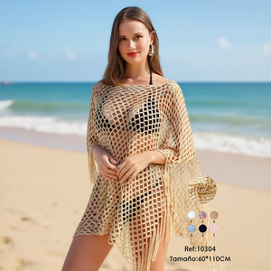 Angelina Net Shawl Cover Up 60x110cm Top de plage beige à franges - Product Image 4