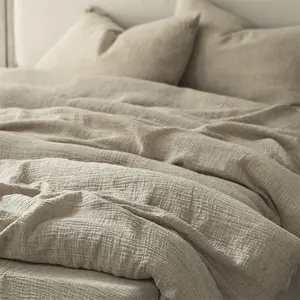 日式纯色床上用品套装100% 水洗棉麻类似纹理透气耐用柔软舒适透气