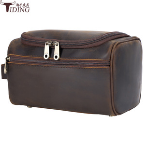 Tiding Genuine Leather <b>Toiletry</b> Bag Dark Brown Rectangle Portable Travel <b>Storage</b> - Product Image 5