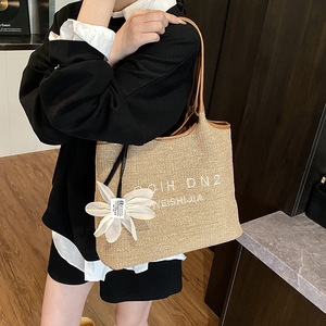 Ladies Fashion Daily Use Large Poches Woven Natural PU Trim Summer Shoulder Beach Straw Tote Bag Strandtasche - Product Image 3