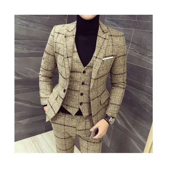 Latest Jacket Design Luxury Men's Suit Blazer Fashion Plaid Wedding Dress Tuxedo Suit For Men 3pieces Suits(Blazer+Vest +Pants)