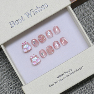 Uñas postizas cortas cuadradas para niños, uñas postizas con purpurina rosa y lazo blanco en 3D, pegatinas reutilizables para decoración de uñas para niñas, regalo. - Product Image 2