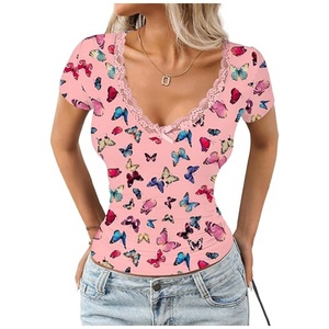Top in pizzo Y2K da donna <span class=keywords><strong>con</strong></span> scollo a V profondo, maniche corte, vestibilità slim, <span class=keywords><strong>con</strong></span> fiocco, blusa sexy e dolce, traspirante, T-shirt - Product Image 4