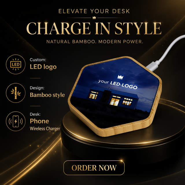 Promotional Gift Custom LED Logo Bamboo Mobile Cell Phone 15W Wireless Charging Pad Fast Charger Wireless Charger
