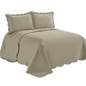 Elegant <strong>Taupe</strong> Embossed Geometric Weave Quilted 100% Polyester Bedspread Set Ultra Soft Coverlet Scalloped Edge Matching Pillow - Product Image 1