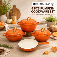 Lot de 11 casseroles et poêles en fonte émaillée 3 couleurs, motif citrouille, durables, certifiées BSCI, compatibles lave-vaisselle, multicouche