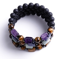 Bracelet Unisexe Élastique en Pierres Naturelles de Lave 8MM, Œil de Tigre et Améthyste – Bijou de Mode en Cristal Guérisseur avec Gemmes Carrées, Porte-Bonheur, Idéal Cadeau