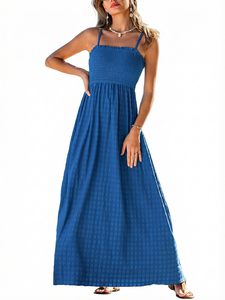 Vestido Maxi Boho con Tirantes Finos, Corte en A, Color Azul Sólido, Algodón, Ajuste Holgado, Transpirable, Vestido Casual de Verano - Product Image 1