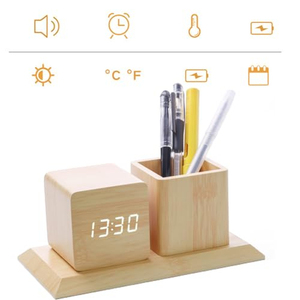 Square <b>Digital</b> LED Desk Alarm <b>Clock</b> With USB and <b>Battery</b> Supply with Penholder Wooden Alarm <b>Clock</b> Reloj <b>Digital</b> Table Desk <b>Clock</b> - Product Image 3