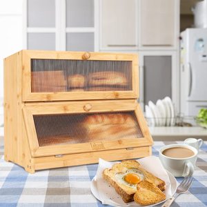 กล่องขนมปังขนาดใหญ่สองชั้นสำหรับเคาน์เตอร์ห้องครัว,ที่เก็บขนมปังไม้พร้อมหน้าต่าง,ภาชนะขนมปังไม้ไผ่ธรรมชาติเก็บขนมปัง - Product Image 5