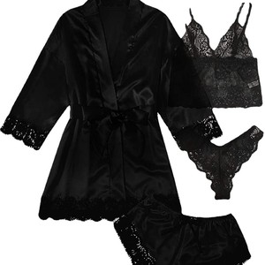 Ensemble de peignoirs en satin pour femmes avec bordure en dentelle, 4 pièces, vêtements de nuit rose et noir, style romantique pour le printemps - Product Image 3