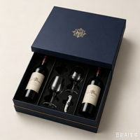 Caja de Regalo para Vino Ecológica Personalizada en Negro y Beige, Diseño Magnético con Relieve, Inserto de EVA y Forro de Seda para 2 Botellas y Accesorios