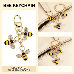<b>Custom</b> Cartoon Design Bee <b>Keychain</b> Golden Alloy Rhinestone Wings Carabiner Charm Accessory Fashion Trend Cute Hard-Wearing - Product Image 3