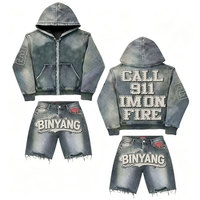 Costume à capuche personnalisé pour homme avec insigne en jean vintage imprimé de lettres en éponge de style vintage antique pour l'hiver