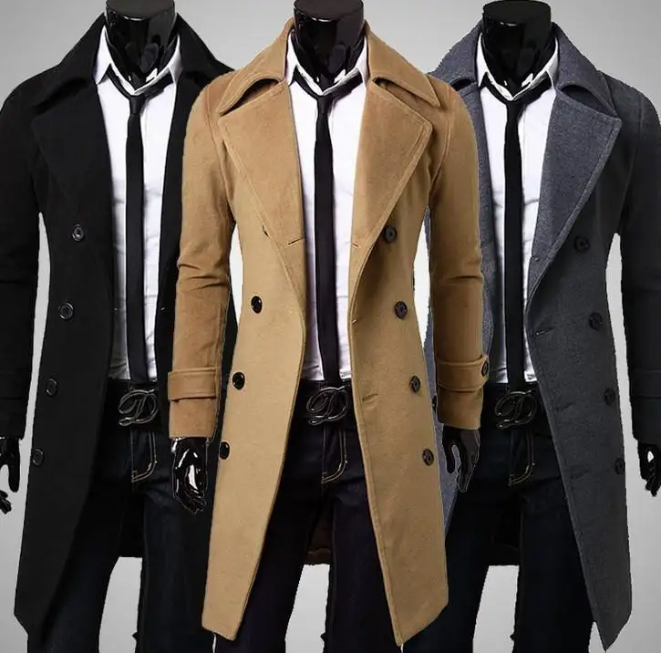 RBX Fashion New Winter Long Coats Woolen Slim Turn Down Collar Double Breasted Trench Long Men's Coats