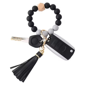 Silicone Beaded <b>Bracelet</b> Keychain Wristlet Key Ring Bangle Chains <b>for</b> <b>Women</b> with <b>Leather</b> Tassel - Product Image 1
