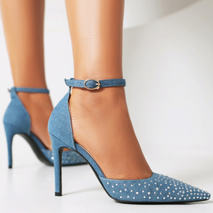 Zapatos de Tacón Alto de Mezclilla para Mujer, Talla Grande 48, Estilo Stiletto, Punta Puntiaguda, con Tiras en el Tobillo, Brillantes Diamantes, Zapatos de Vestir de Horma Ancha - Product Image 4
