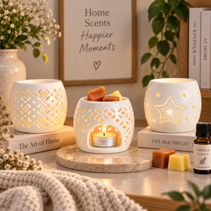 Bruciatore di Cera in Ceramica Bianca per Oli Essenziali con Design Cavo per Candele Tealight, Decorazione per Profumazione Casa - Product Image 1