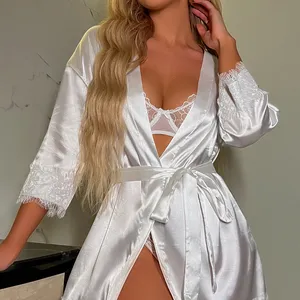 All'ingrosso Lady Sexy Bride Robe Satin Lace Patchwork Wedding damigella d'onore Robes Night Party Sleeping Bath Robes