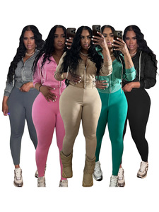 ชุดเซ็ต 2 ชิ้น เสื้อแจ็คเก็ตผ้าฝ้ายฟอกสีสไตล์วินเทจสำหรับผู้หญิง พร้อมกางเกงเลกกิ้งลำลอง ชุดเซ็ต 2 ชิ้น กางเกงจ็อกเกอร์ ชุดเซ็ตผู้หญิงมีฮู้ด - Product Image 2