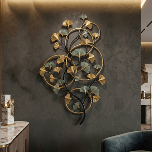 Décoration murale moderne en métal de luxe, feuilles de Ginkgo dorées et vertes, sculpture circulaire suspendue pour la décoration de la pièce - Product Image 1