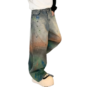 مصمم أزياء العلامة التجارية الرجال فضفاض الجينز الفضفاض الأمريكية غسلها القذرة نقطة الحبر دفقة بنطال الدنيم نمط الشارع الشهير مع منتصف الخصر - Product Image 2