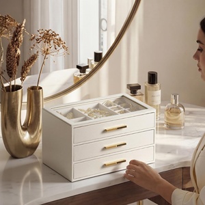 Organizador de Joyas Rectangular de Lujo con Cierre de Cuero, Grabado Cuadrado, 3 Capas, Ventana Abatible y 3 Cajones, Gran Capacidad, ¡Venta Caliente! - Product Image 5