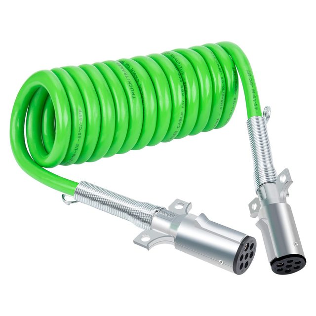 7-Core Spiral Coiled Trailer Wire 15ft 12V/24V ABS Power Coil Heavy-Duty Semi-Trailer Cable Power Cord Green