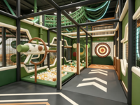 Structure de jeu intérieure commerciale pour enfants, style forêt, multi-niveaux, avec toboggan et piscine à balles pour parc d'attractions