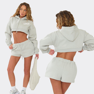 Certified Mid Rise Drawstring Waist Sweat Shorts In Grey Women Cropped Hoodies 2 Pieces Heavyweight Cotton Track Suit Factory - Product Image 1
