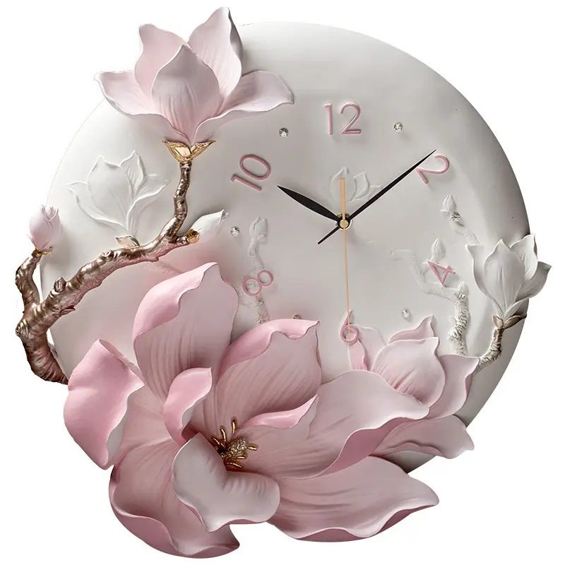 Luxury High Quality Home Living Room Quartz Resin Flower Wall Clock Hand-painted Floral Decorations Resin Orchid Flower Clocks