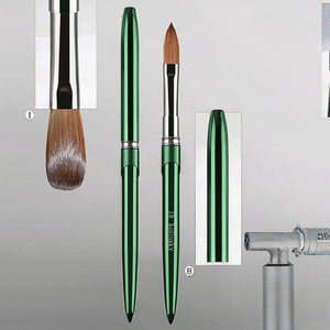 Pincel para decoración de uñas Kolinsky, mango metálico verde, cabeza redonda, férula rizada, herramienta con logotipo personalizado - Product Image 2