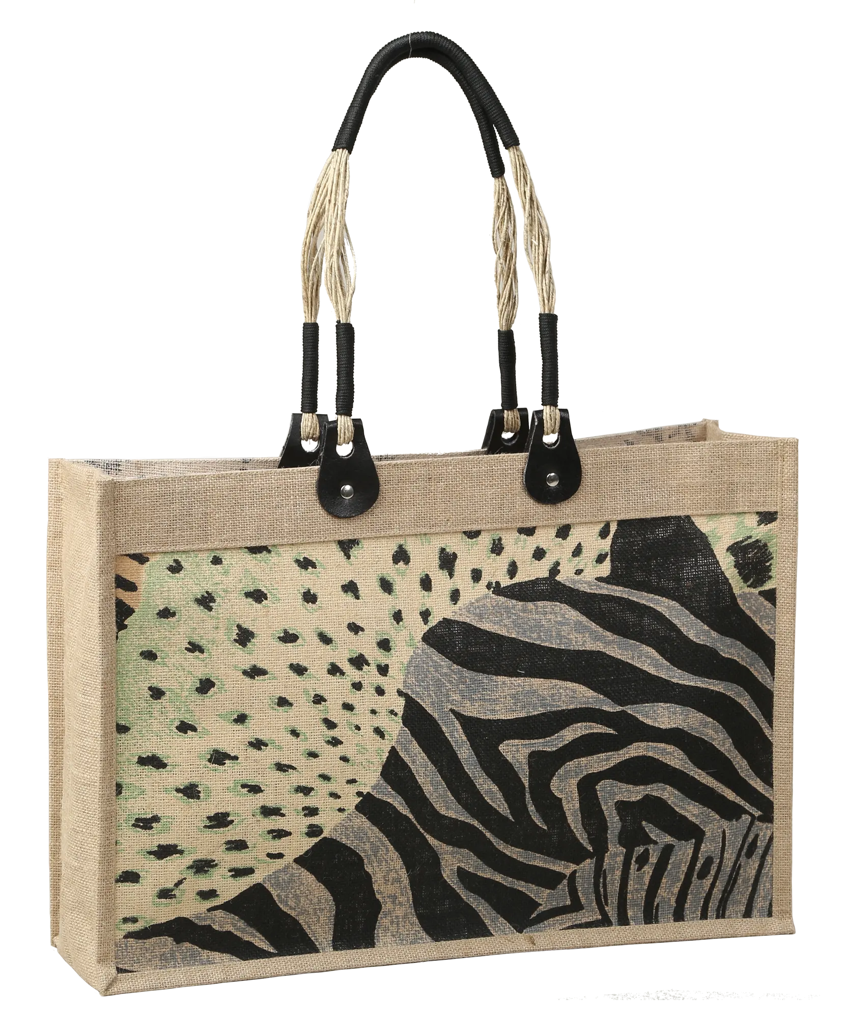 Werbe tasche Long Handle Animal Printed Jute mit Fancy Pew Leather mit Seil Design Griff Made in West Bengal in Indien