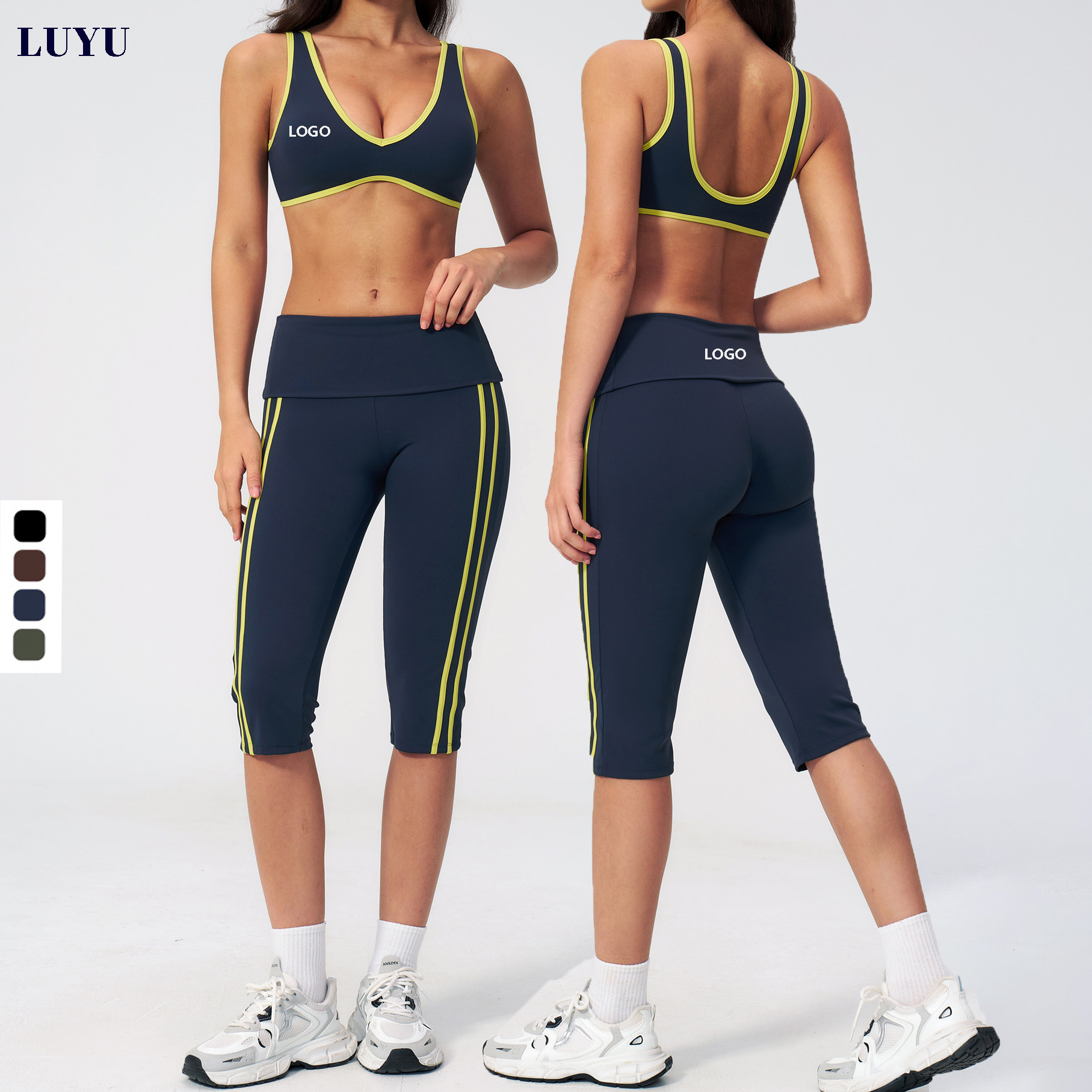 Fashionable Color Blocking Women Fold Over Waist Yoga Sets Side Striped Beauty Back Capri Leggings Training Fitness Set