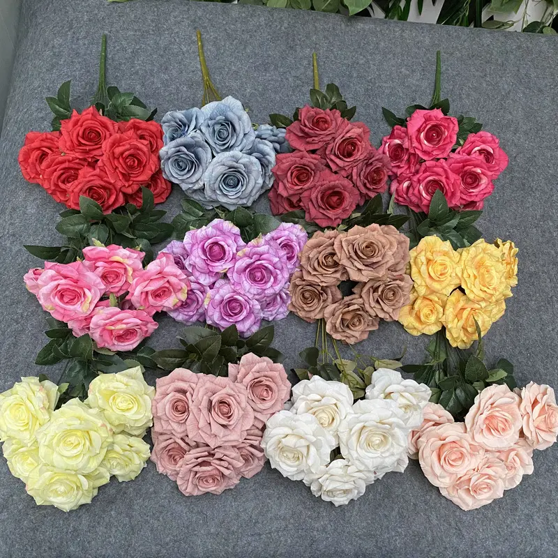 EG-SM5135 7 Köpfe Rosa Rosen strauß Blumen blumen Künstliche Hochzeits dekoration Seiden rosen sträuße Blume