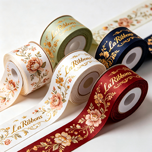Ruban en satin imprimé avec motif botanique personnalisé et estampage à chaud doré, ruban d'emballage de luxe haut de gamme, fabrication en usine - Product Image 5