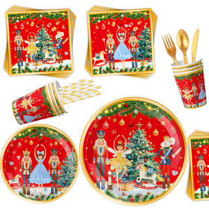 Ensemble de vaisselle de fête de Noël Casse-Noisette, assiettes de 9, 7 et 6,5 pouces, gobelets, serviettes, couverts dorés, fournitures de décoration de vacances - Product Image 2