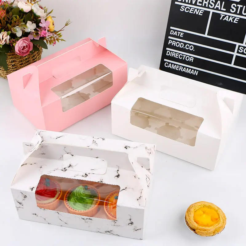 Cangkir Kertas Kraft Kotak Kue Muffin dengan Nampan Kue Pesta Pernikahan Ulang Tahun Kemasan Makanan Penutup Kotak Coklat Putih untuk Cupcake