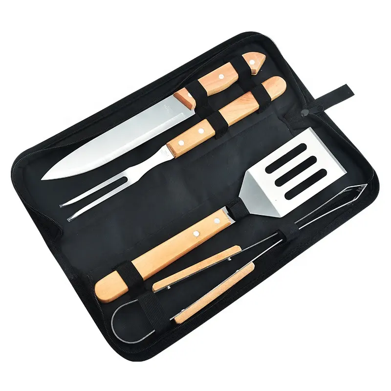 DYSC vente en gros d'ustensiles d'extérieur en acier inoxydable essentiels pour barbecue et pique-nique manche en bois ustensiles de cuisine outils de barbecue