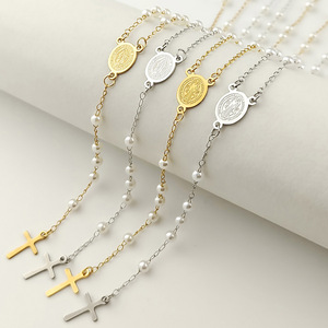 Collar con Colgante de Cruz de Acero Inoxidable, Virgen María, <span class=keywords><strong>Rosario</strong></span>, Perlas de 3 mm, Collares para Joyería Cristiana - Product Image 5